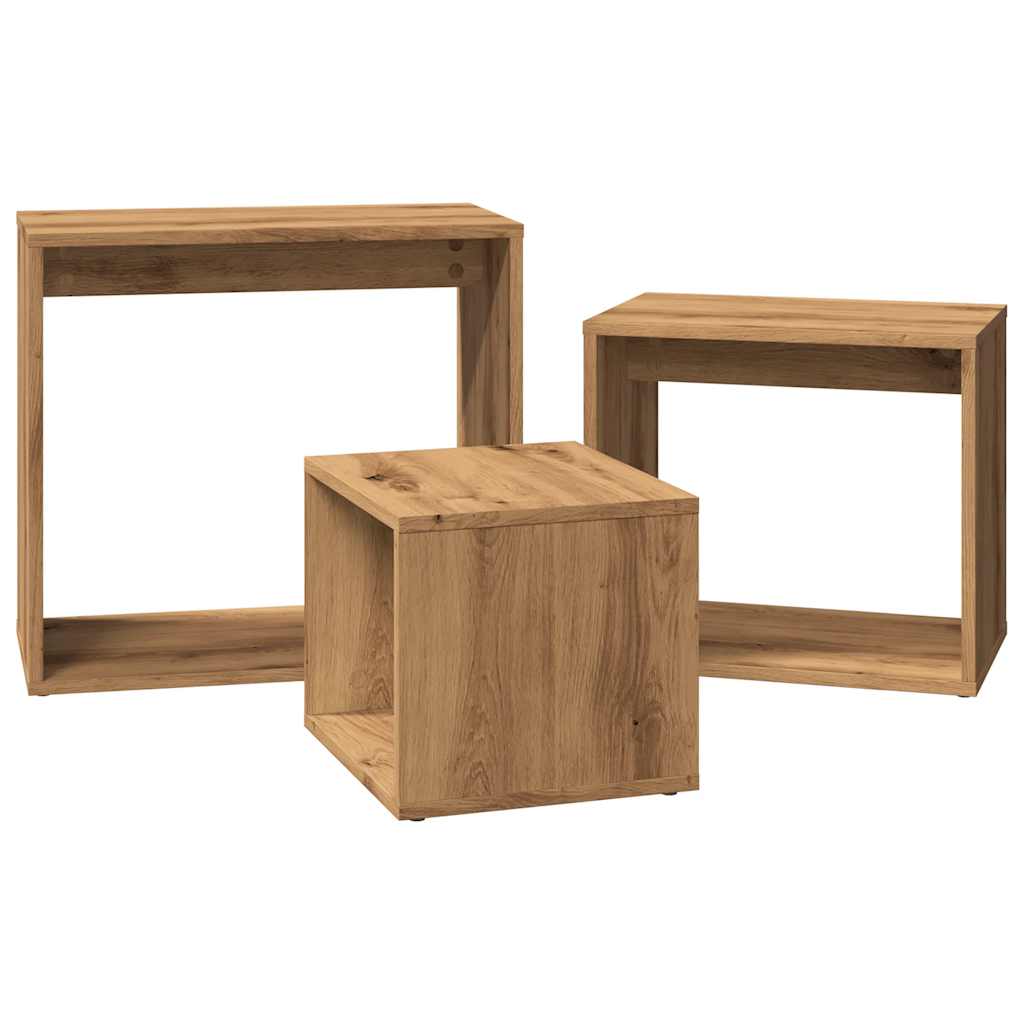 3-Delige Tafeltjesset Bewerkt Hout Artisanaal Eikenkleur