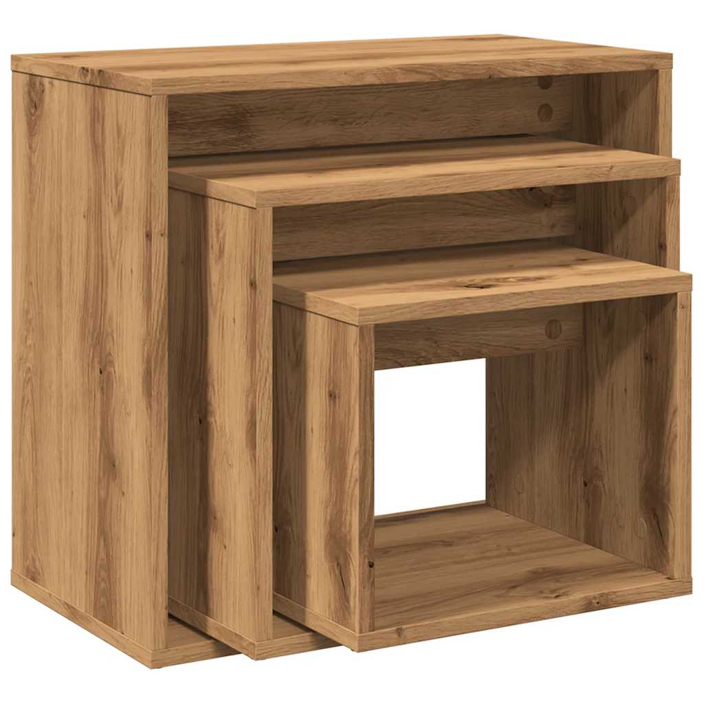 3-Delige Tafeltjesset Bewerkt Hout Artisanaal Eikenkleur